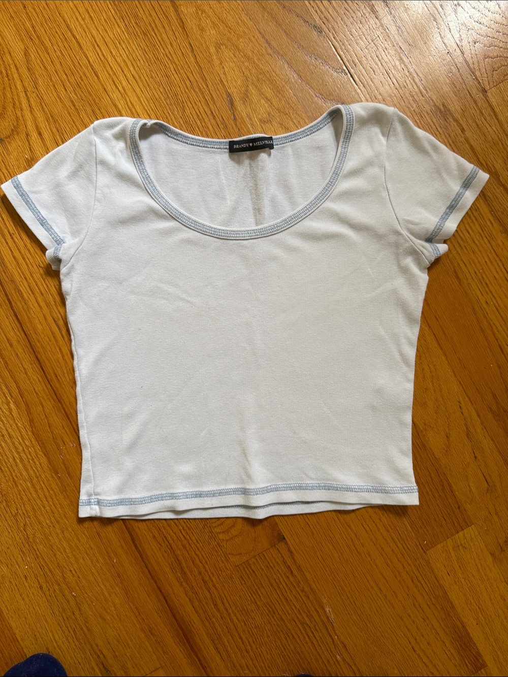 Brandy Melville White Scoop Neck Short Sleeve Tee with Light Blue Trim